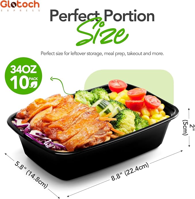 Glotoch 34oz Meal Prep Containers, 10 Pack (20-Piece) Reusable Food Prep Containers with Lids Microwave, Freezer, Dishwasher Safe Leakproof Durable Plastic Food Storage Lunch Box To Go Take Out