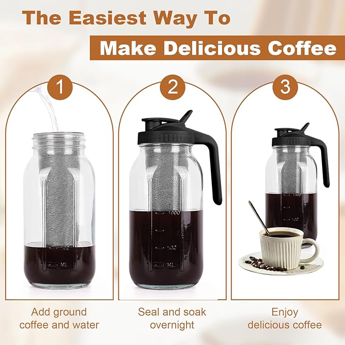 Cold Brew Coffee Maker,64 oz Mason Jar Pitcher with Stainless Steel Filter, Pour Spout Handle Lid, Heavy Duty Glass Airtight & Leak-Proof Pitcher for iced coffee Tea Lemonade