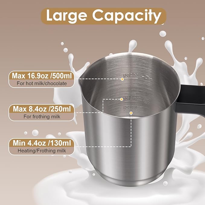 Milk Frother, 16.9 OZ Milk Frother and Steamer, 4 in 1 Electric Milk Frother Dishwasher Safe, Durable Silent Working Frother for Coffee, Hot and Cold Foam Maker, Black