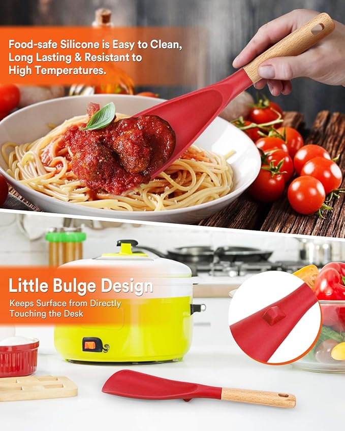 Cooking Spoon and Rice Scooper for Nonstick Cookwares, Great for Cooking and Serving Sturdy BPA-Free Matte Silicone, Wood Handle Spoon for Mixing, Scoop, and Scrape (RED)
