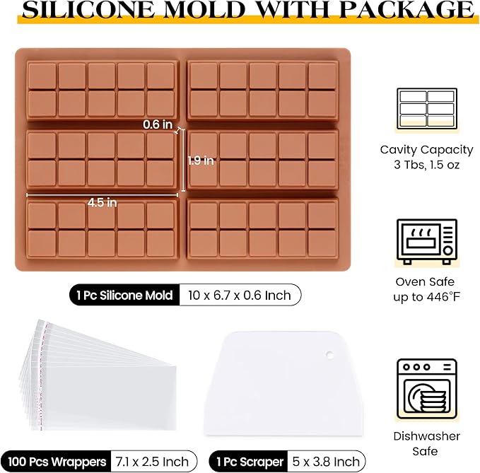 1 Pc Chocolate Bar Mold Deep Dubai Stuffed Silicone Molds for Filling Knafeh Pistachio Chocolate Bar and Wax Melts Rectangle Thick Candy Bar Molds Break Apart (10 Snap）