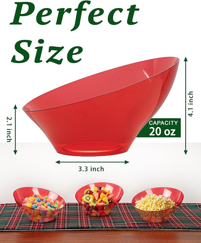 bUCLA Clear Red Plastic Serving Bowls 20 OZ - Christmas Party Disposable Bowls 12 Pack