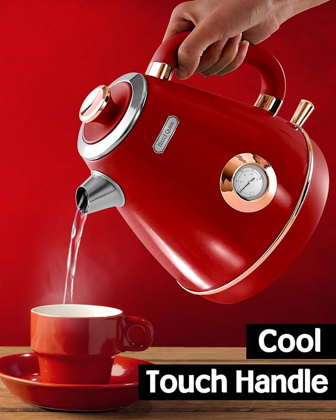 Hazel Quinn Retro Electric Kettle - 1.7 Liters / 57.5 Ounces Tea Kettle with Thermometer, All Stainless Steel, Fast Boiling 1200 W, BPA-free, Cordless, Rotational Base, Automatic Shut Off - Ruby Red