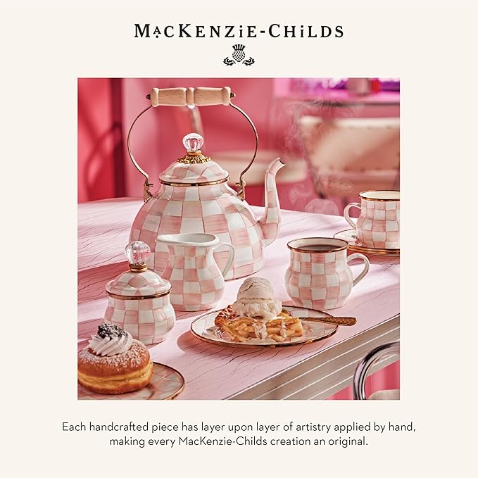 MACKENZIE-CHILDS Enamel Compote, Cute Enamel Pedestal Serving Dish or Decorative Bowl, Small, Pink-and-White Rosy Check