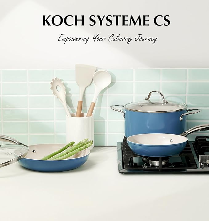 KOCH SYSTEME CS Nonstick Frying Pan with Lid 10 Inch - Ceramic Blue Omelet Pan