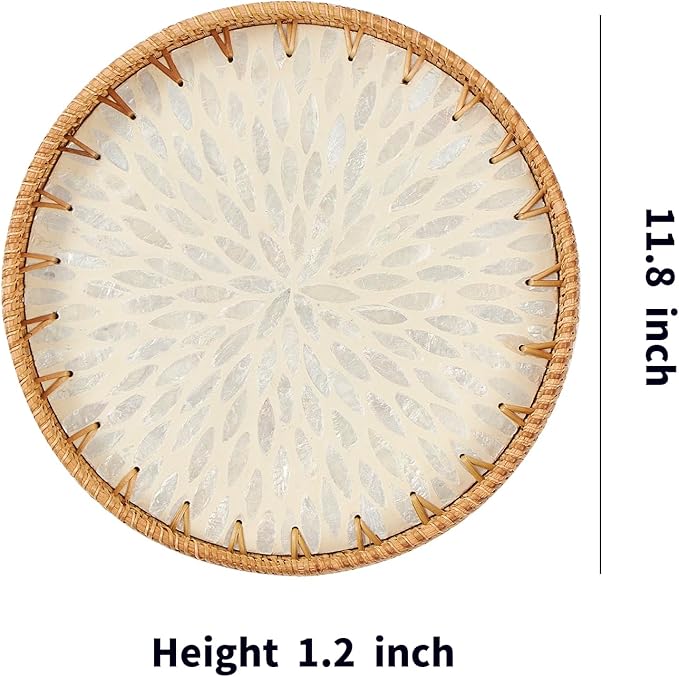 Round Rattan Tray with Mother of Pearl Inlay & Wooden Base