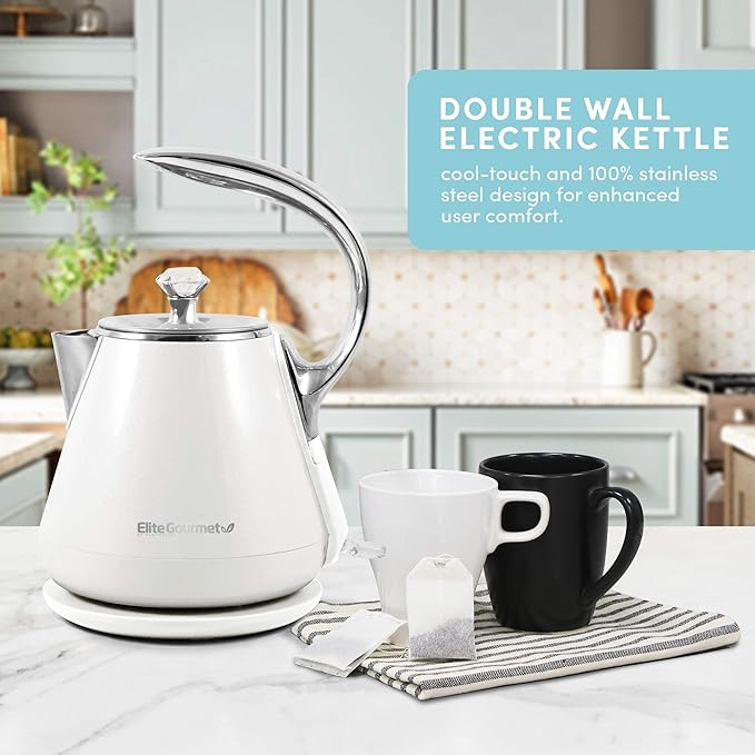 Elite Gourmet EKT-1203W 1350W Double Wall Insulated Cool Touch Electric Water Tea Kettle, BPA Free Stainless Steel Interior and Auto Shut-Off