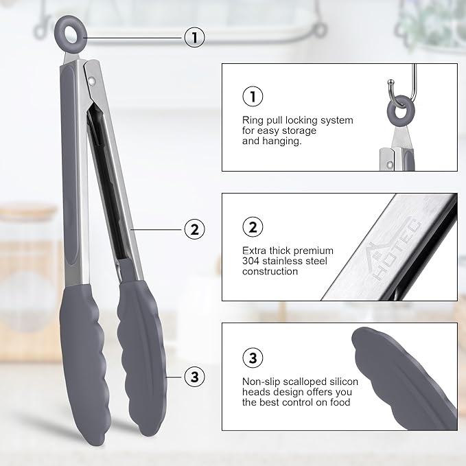 HOTEC Premium Stainless Steel Locking Kitchen Tongs with Silicon Tips, Set of 3-7", 9" and 12" (Grey)