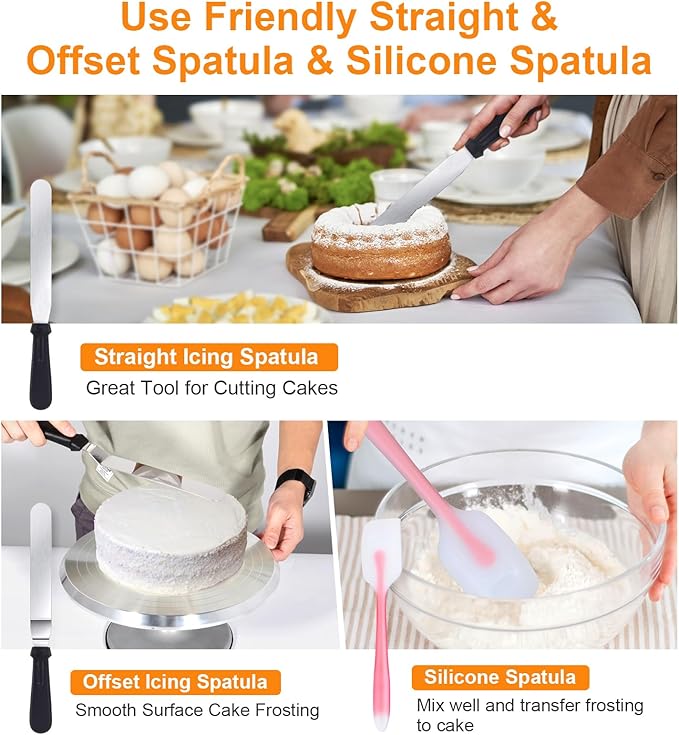 Uten 12 Inch Cake Turntable Cake Decorating Supplies Kit, 33 pcs Rotating Aluminium Cake Stand Set, Baking Tools with 20 Icing Tips, Bags, 3 Icing Smoother, Straight & Offset Spatula, Silicone Spatula