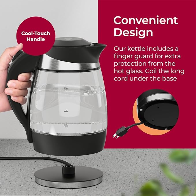 Mueller Living Electric Kettle, Electric Tea Kettle for Boiling Water, 1500W SpeedBoil with Automatic Shutoff, 1.8L Cordless with LED Light, Borosilicate Glass Tea Kettle Pot Water Heater, BPA Free