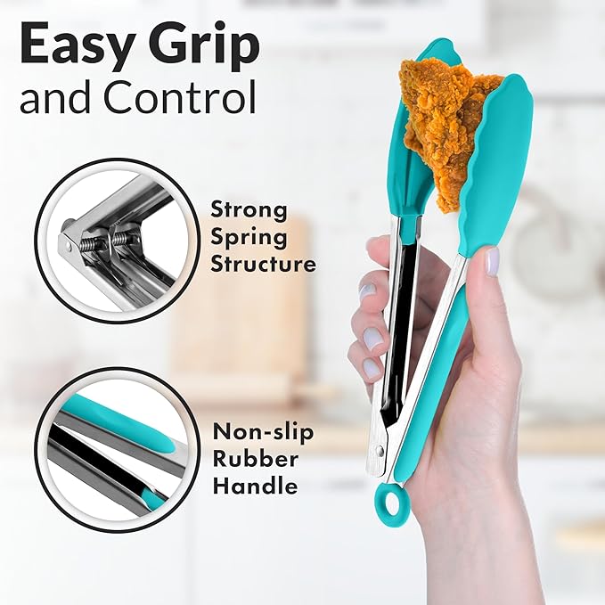 Zulay Stainless Steel Kitchen Tongs with Silicone Tips - Set of 2 (9” & 12”) Locking Cooking Tongs with Non-Slip Grip - Heat Resistant, BBQ Food Tongs for Non-Stick Cooking Pans (Silver/Aqua Sky)
