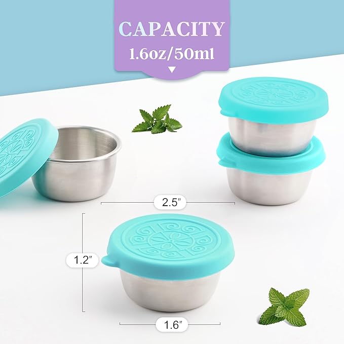6x1.6 Oz Salad Dressing Containers With Lids, Small Leakproof Reusable Stainless Steel Salad Dressing Container To Go For Lunch Boxes,Sauce containers, Picnics,Travel Meal Prep And Kitchen Storage.