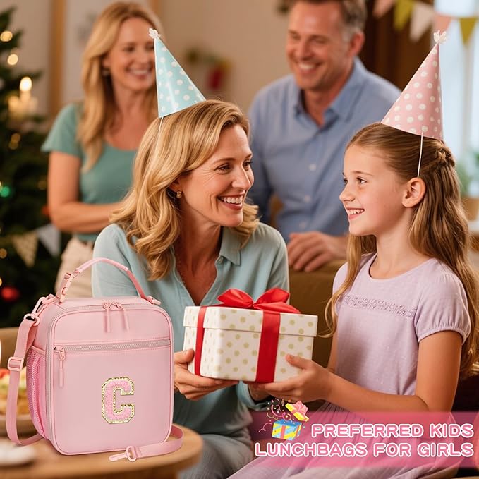 Initial Insulated Lunch Bag for Girls Kids, Back to School Gift, Reusable Leak-proof Lunch Box with Adjustable Strap for School Daycare Travel Picnic (Pink,C)