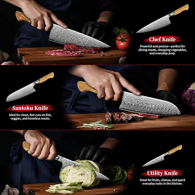 TIVOLI Damascus Kitchen Knife Set,3 PCS Japanese Chef Knife Set,VG-10 Damascus Santoku Paring Knife with Olive Wood Handle,Ideal Gift