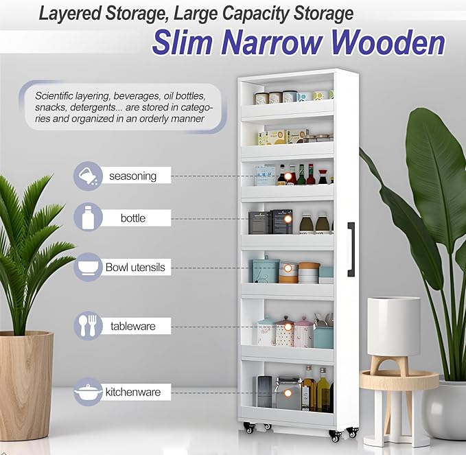 7-Tier Slim Storage Cart, Wooden Rolling Pantry Cabinet with Wheels, Narrow Shelf Organizer for Kitchen, Bakers Rack, Dining Room, Closet, Small Spaces Gray 73.2‘’H*5.9''W*19.6''D