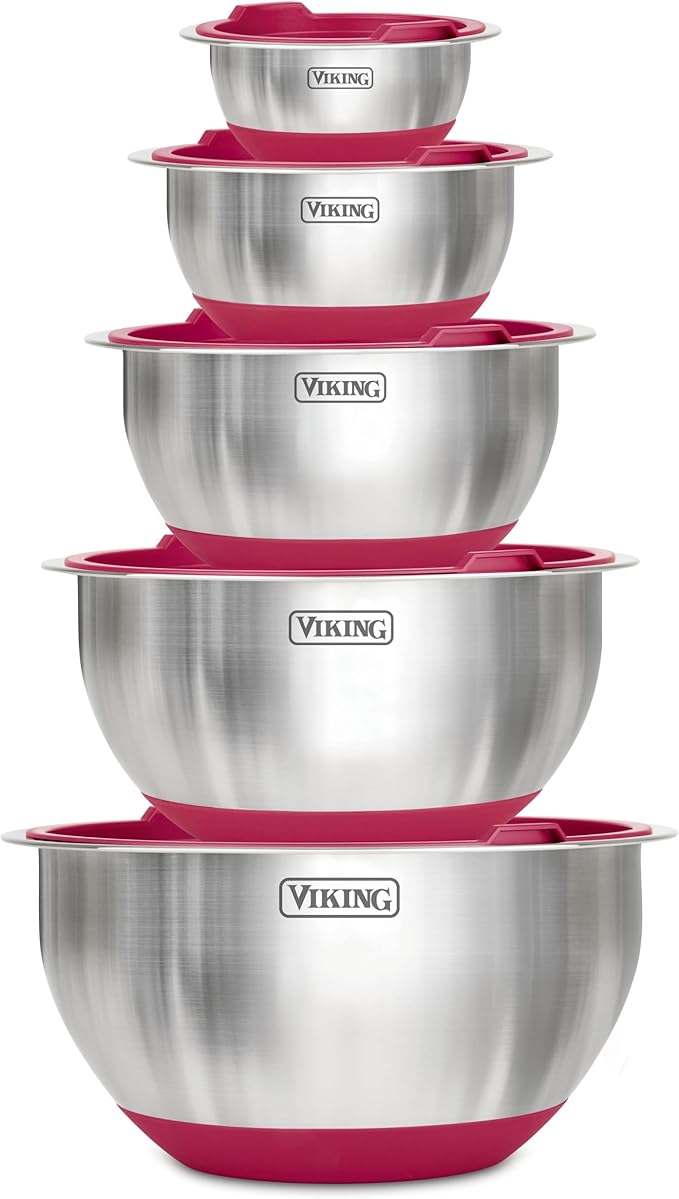VIKING Mixing Bowls Set 10 Piece - Stainless Steel with Non-Slip Silicone Base Red