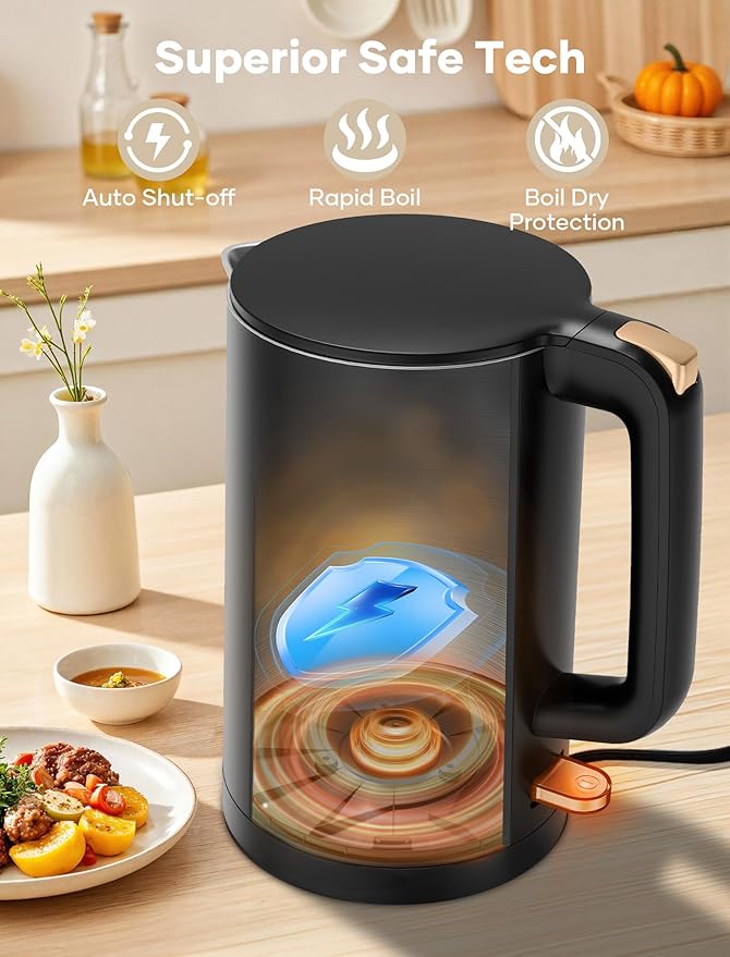 Electric Kettle, 1.7L Double Wall Stainless Steel Cool Touch, Water Boiler & Heater, 1500W Hot Tea Pot, Auto Shut-Off & Boil Dry Protection, BPA-Free, Cordless Base & LED Indicator, Black