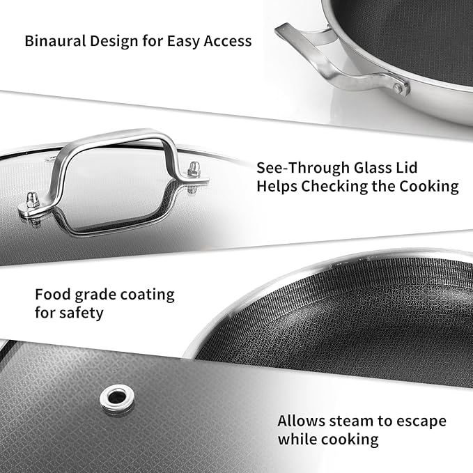 DELARLO 13" Tri-Ply Stainless Steel Nonstick Paella Pan with Lid
