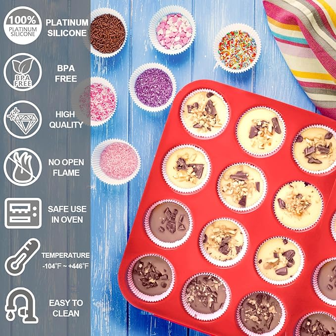 Anaeat Silicone Muffin Pan - Mini 24 Cups Cupcake Tray, Non-Stick Silicone Baking Molds for Making Muffin Cakes, Cupcake, Chocolate, Bread,Tart and Desserts, Just Pop Out