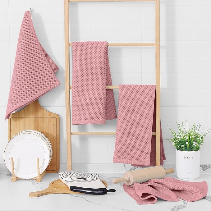 Homaxy 100% Cotton Waffle Weave Kitchen Dish Towels, Ultra Soft Absorbent Quick Drying Cleaning Towel, 13 x 28 Inches, 4-Pack, Dried Rose