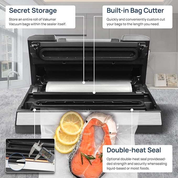 Vakumar Liquid Vacuum Sealer Machine, 90Kpa Vacuum Sealer Machine Preservation Dry/Moist/Liquid Modes, LED Indicator Light, Handle Locked Design, Built-in Cutter and Bag Storage, Removable Drip Tray