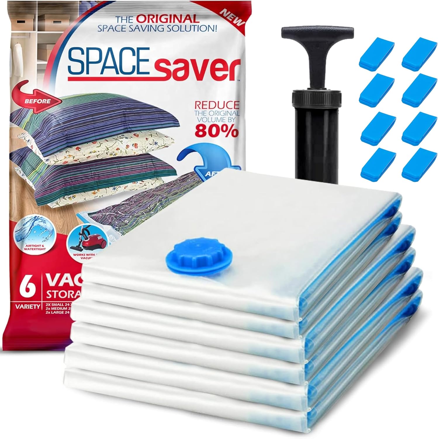 Spacesaver 6-Pack Vacuum Storage Bags with Hand Pump – S/M/L Variety Set