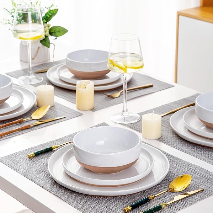 AmorArc Ceramic Dinnerware Sets with Pasta Bowls for 8, Handpainted Plates and Bowls Set with Rustic Terracotta Underside, Scratch Resistant Dishes Set, Dishwasher & Microwave Safe, 32 Pcs