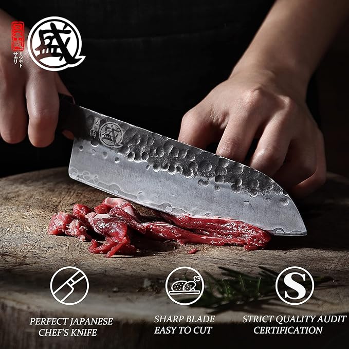 MITSUMOTO SAKARI Santoku Chef Knife 7 inch - Hand Forged Japanese Kitchen Knives, 3-Layer 9CR18MOV High Carbon Steel, Rosewood Handle & Sandalwood Box