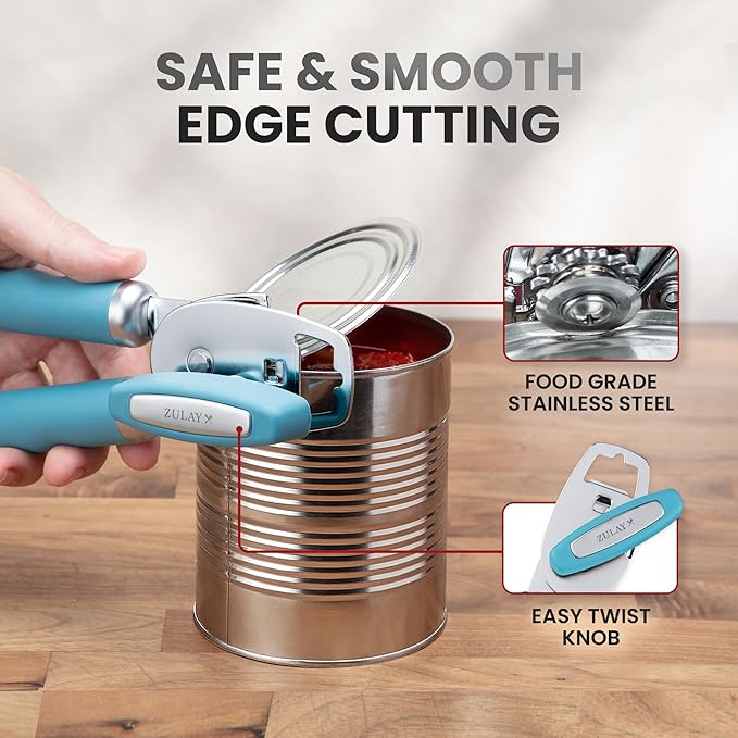 Zulay Kitchen Heavy Duty Stainless Steel Can Opener Manual with Bottle Opener - Rust Proof Manual Can Opener With Turn Knob & Comfy Soft Grip Handles - Dusty Blue