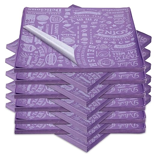 Outus 600 Pcs 12 x 12 Inch Deli Wax Paper Sheets Grease Resistant Tray Basket Liners Newsprint Paper Water and Grease Proof Sandwich Wrapping Square Hot Dog Wrappers for Food Baking (Dark Purple)