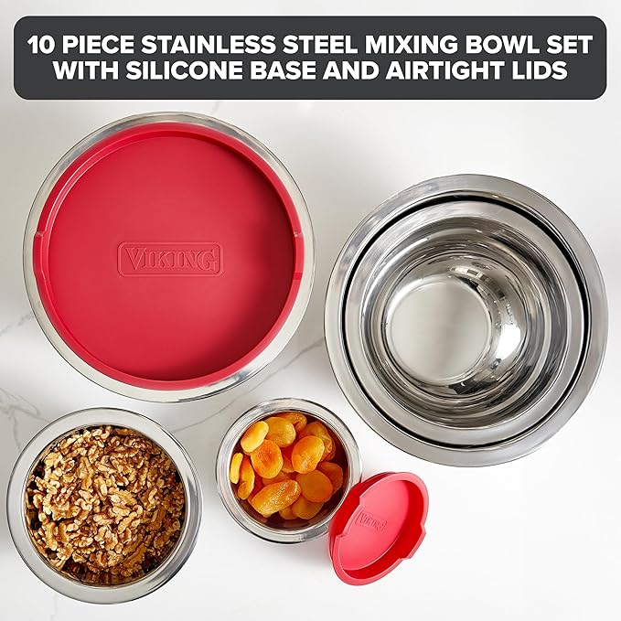 VIKING Mixing Bowls Set 10 Piece - Stainless Steel with Non-Slip Silicone Base Red
