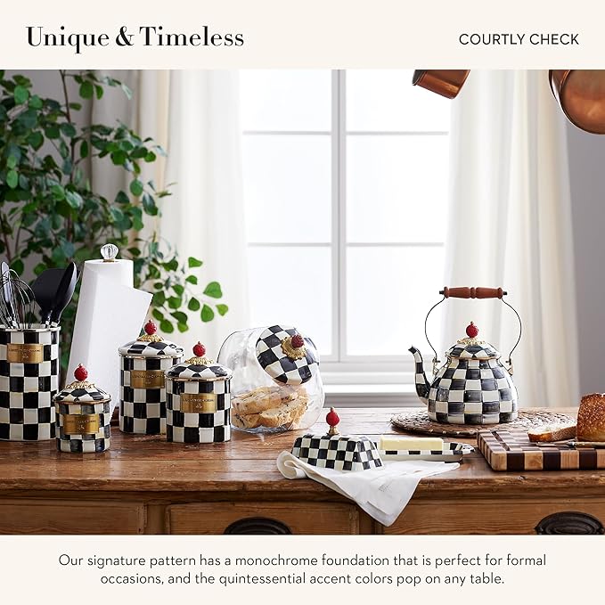 MACKENZIE-CHILDS Cookie Jar with Enamel Lid, Large Glass Treat Jar or Kitchen Jar, 1-Gallon Capacity, Black-and-White Courtly Check