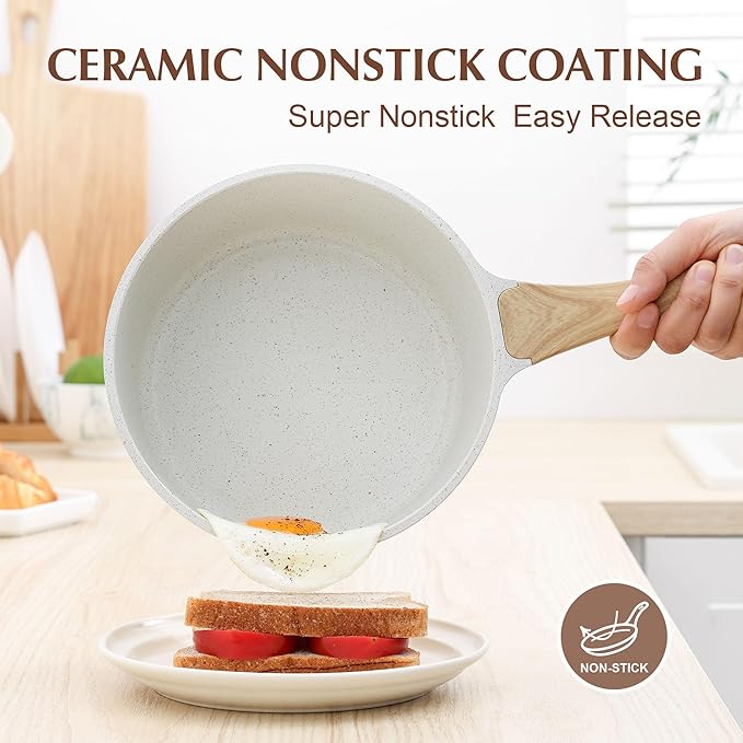 SENSARTE White Ceramic Nonstick Saucepan Set with Lid - 2.0 + 2.5 QT White Granite
