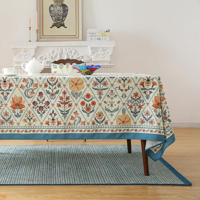 ISAENNE Designer Linen Elegant Table Cloth for Rectangle Table,Colorful Floral Bohemian Tablecloth,Wrinkle Resistant Decor Tablecloths for Dining Thanksgiving Kitchen,55"*79"-Floralsea A
