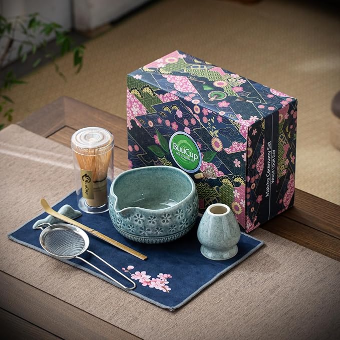 Matcha Whisk Set, Ceramic Matcha Kit Includes Matcha Bowl, Matcha Whisk and Holder, Bamboo Scoop, Scoop Rest, Sifter and Tea Towel - 7 Pcs Matcha Kit for Matcha Lovers (Blue)