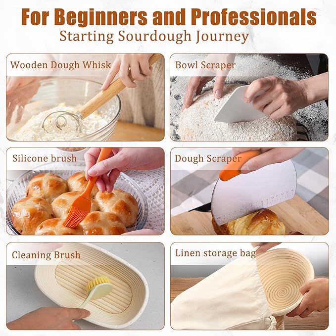 Panny Sourdough Starter Kit, Banneton Bread Proofing Basket with Glass Sour Dough Starter Jar, Sourdough Bread Baking Supplies, Making Tools, 9" Round & 10" Oval Baskets, Christmas Gift for Men Women