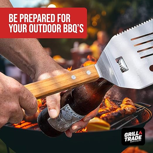 Grill Trade 5-in-1 Grill Spatula with Knife, Fork, Tenderizer, Bottle Opener, and Turner BBQ Tool - Multifunction with Wooden Handle-Ergonomic Cooking Tool for Outdoor Grilling, Flipping, Cutting-19''