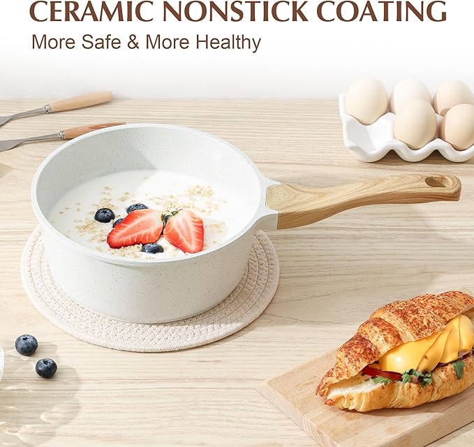 SENSARTE White Ceramic Nonstick Saucepan Set with Lid - 2.0 + 2.5 QT White Granite