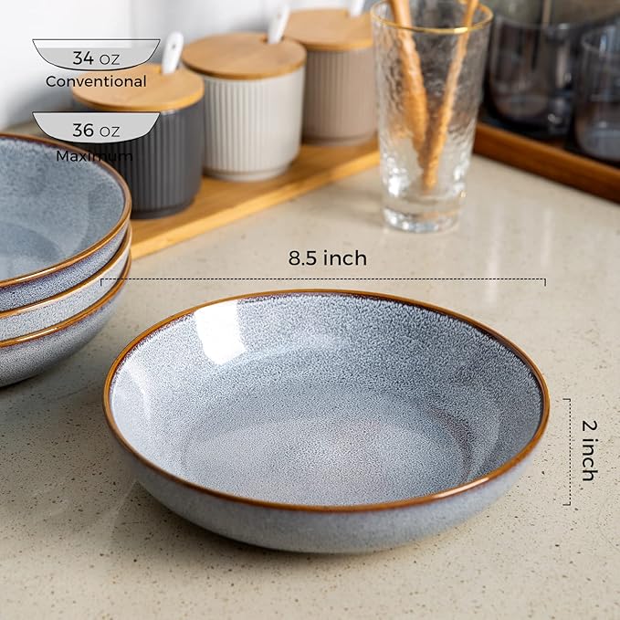 AmorArc 8.5'' Large Pasta Bowls, 36oz Ceramic Salad Serving Bowls Set of 6 for Kitchen, Wide Stoneware Bowls for Pasta,Salad,Fruit,Bread, Microwave Safe, Reactive Glaze-Blue