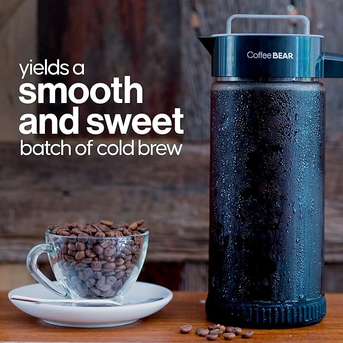 COFFEE BEAR – Cold Brew Coffee Maker and Iced Tea Brewer, Large 1.3L (44oz) Borosilicate Glass Pitcher with Reusable Mesh Filter, Easy to Clean, Dishwasher Safe