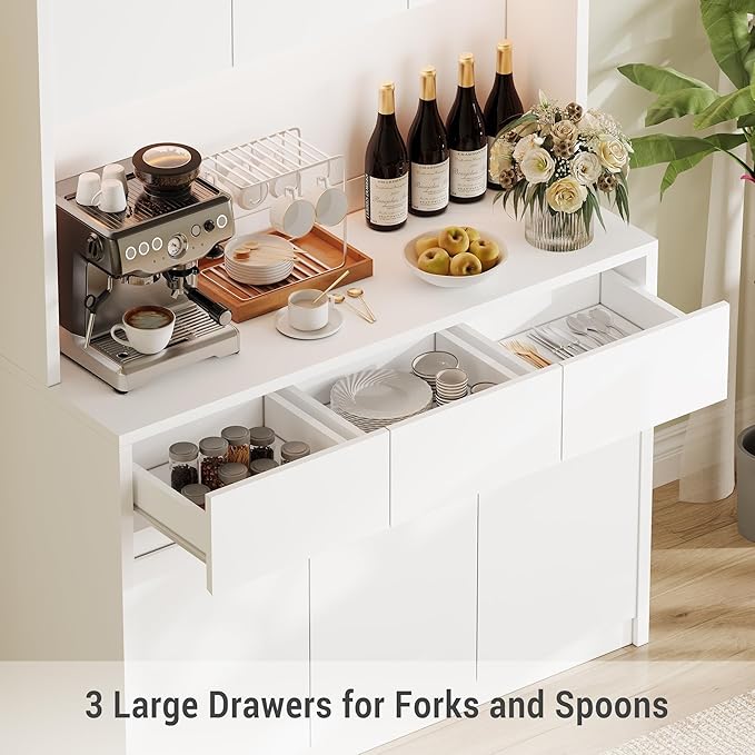 Garvee Kitchen Pantry Cabinet,71 in Tall Storage Cabinet with Doors&Shelves Adjustable, Kitchen Storage Hutch with Microwave Shelf, Led Lights&Charging Station,Corner Pantry Cabinet