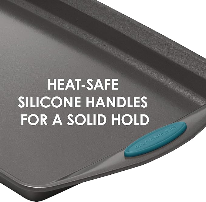 Rachael Ray Nonstick Bakeware Set with Grips includes Nonstick Baking Pans, Baking Sheet and Nonstick Bread Pan - 5 Piece, Gray with Marine Blue Handles