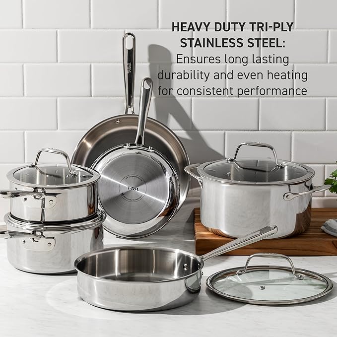 T-Fal Pro Tri-Ply Stainless Steel Cookware Set 3 Piece - Induction Compatible Silver