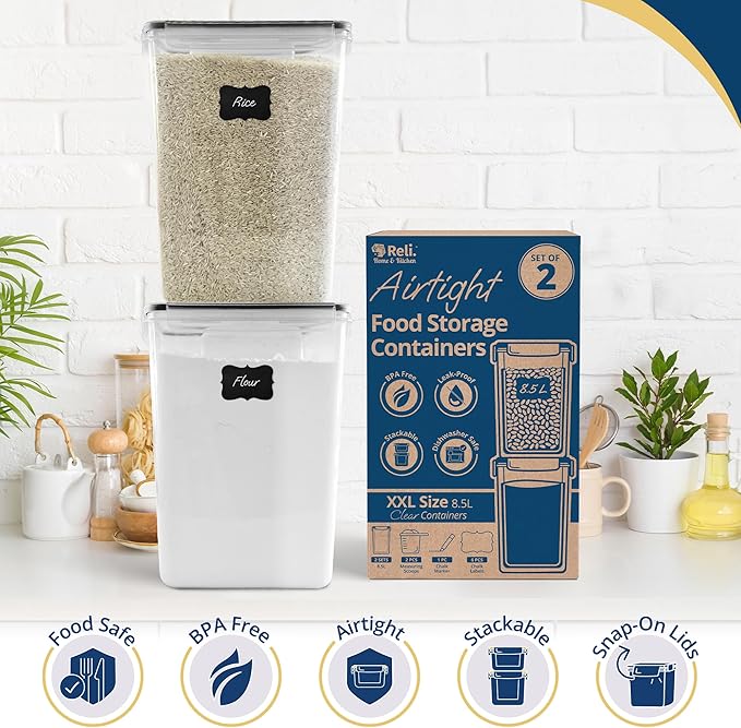 Reli. 8.5L Airtight Food Storage Containers with Lids (2 Sets) Kitchen Organizers and Storage Containers, Pantry Organizers | BPA Free Plastic XXL Set w/ 2 Measuring Cups, 6 Labels, Pen