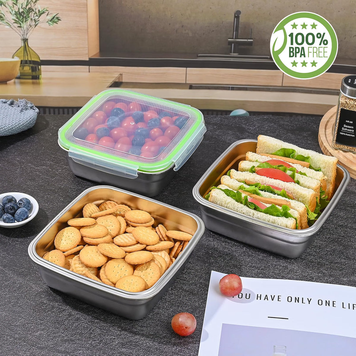 CLWVPCOT 4-Pack 40oz Stainless Steel Food Containers with Airtight Lids – Green