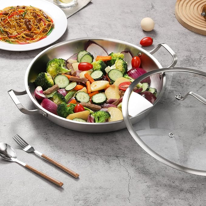 DELARLO 14" Tri-Ply Stainless Steel Nonstick Paella Pan with Lid