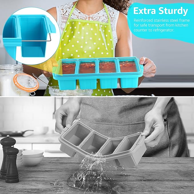 Silicone Freezer Tray With Lid - Silicone Freezer Food Molds- Large Ice Cube Tray,Silicone Freezer Container,Freeze & Store Soup, Sauce, Broth,Leftovers - Makes 4 Perfect 1 Cup
