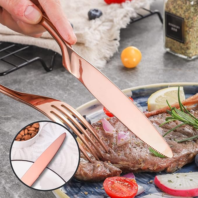 Lemeya 24-Piece Rose Gold Silverware Set for 6,18/10 Stainless Steel Cutlery Set with Forged Stand Knife,Modern Flatware Utensils Set,Forks Spoons and Knives Set,Mirror Polished,Dishwasher Safe
