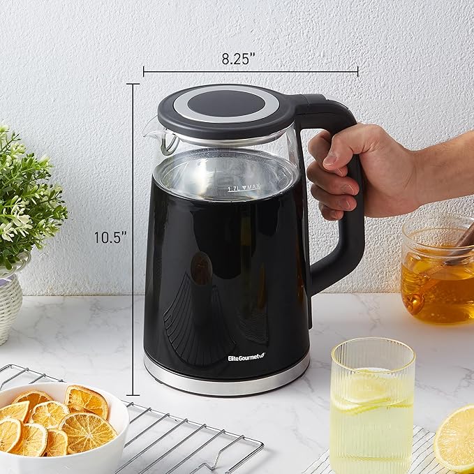 Elite Gourmet EKT8717 1.7L Dual Wall Cool Touch Electric Tea Kettle, Borosilicate Glass, 304 Stainless Steel Interior, Programmed Digital Touchscreen, Keep Warm, Auto Off & Audible Indicator, Black