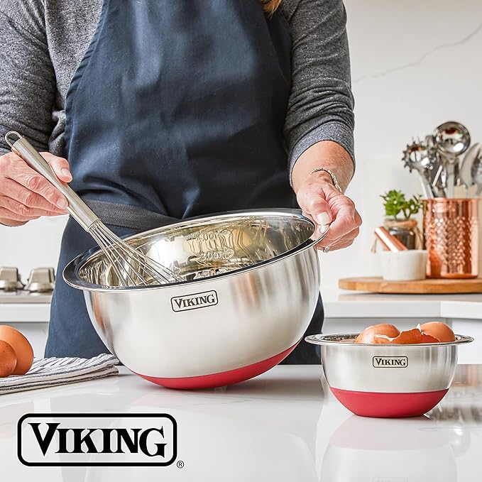 VIKING Mixing Bowls Set 10 Piece - Stainless Steel with Non-Slip Silicone Base Red